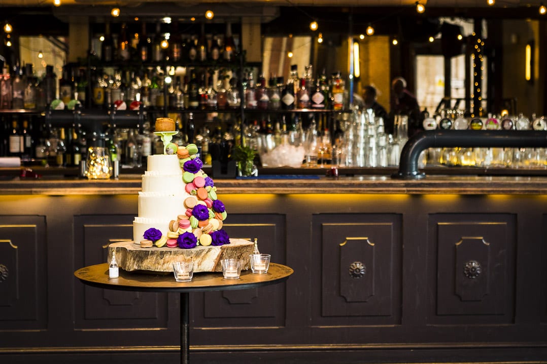 A wedding cake in front of the bar at St Parts Brewery