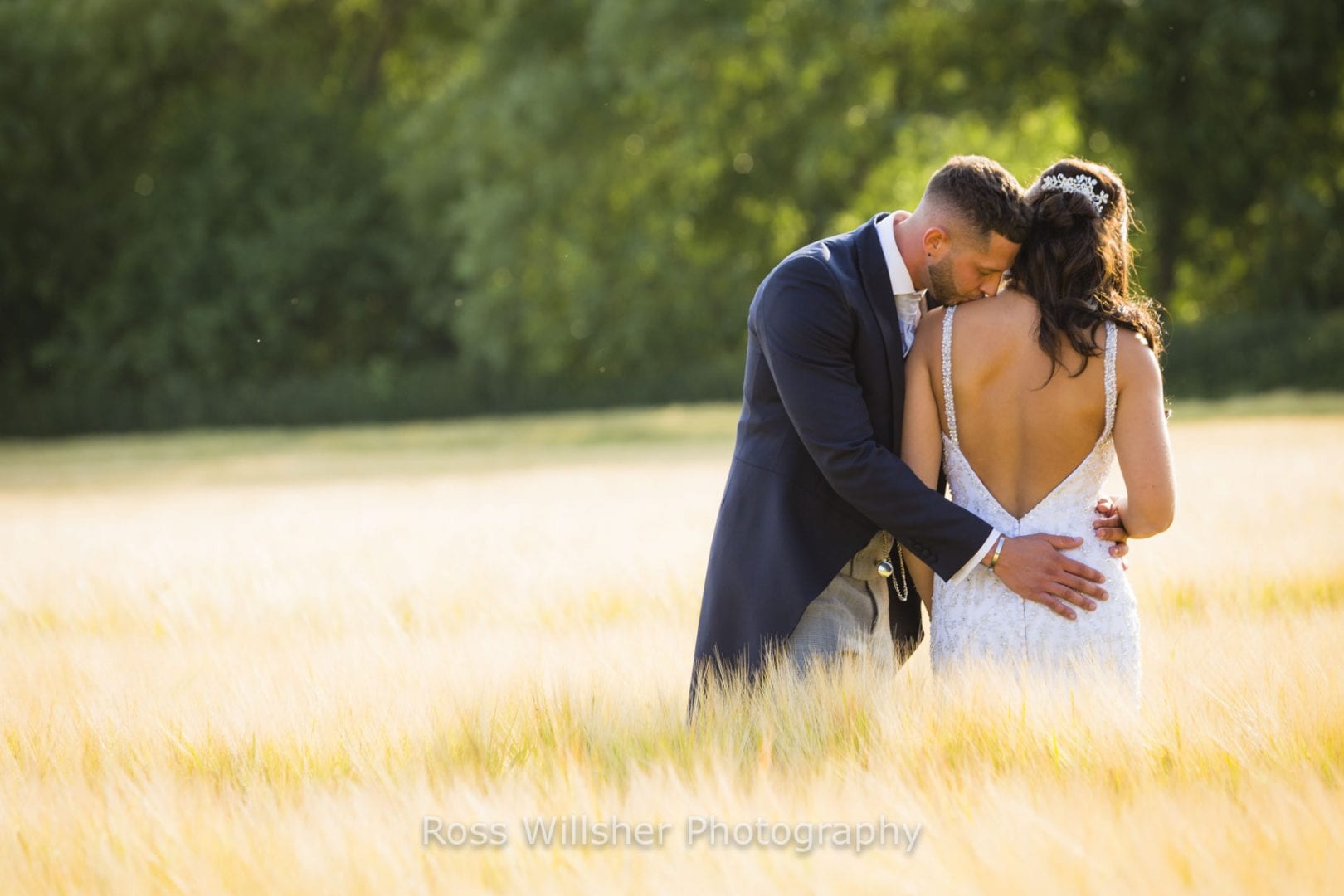 A groom kisses the shoulder of his bride in a corn field, the bride has her back to the camera
