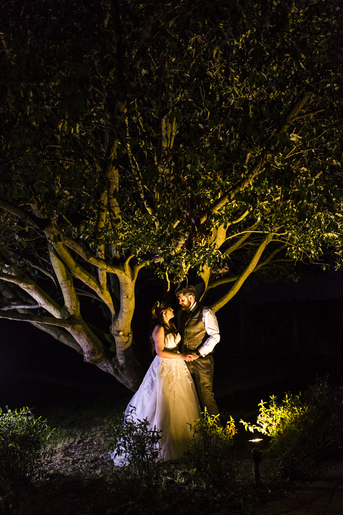 a bride and groom kissing under a tree at night