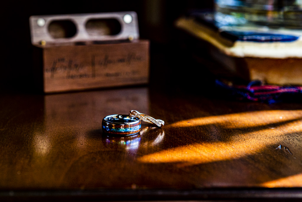 Wedding rings on a wooden table