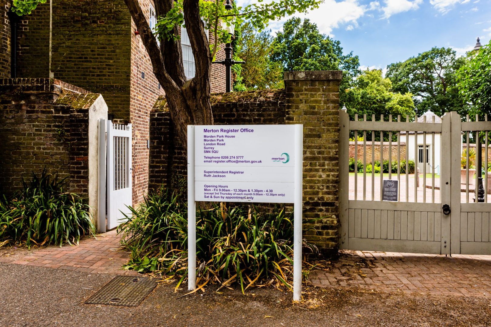 Merton Registrar Office sign at Morden Park House