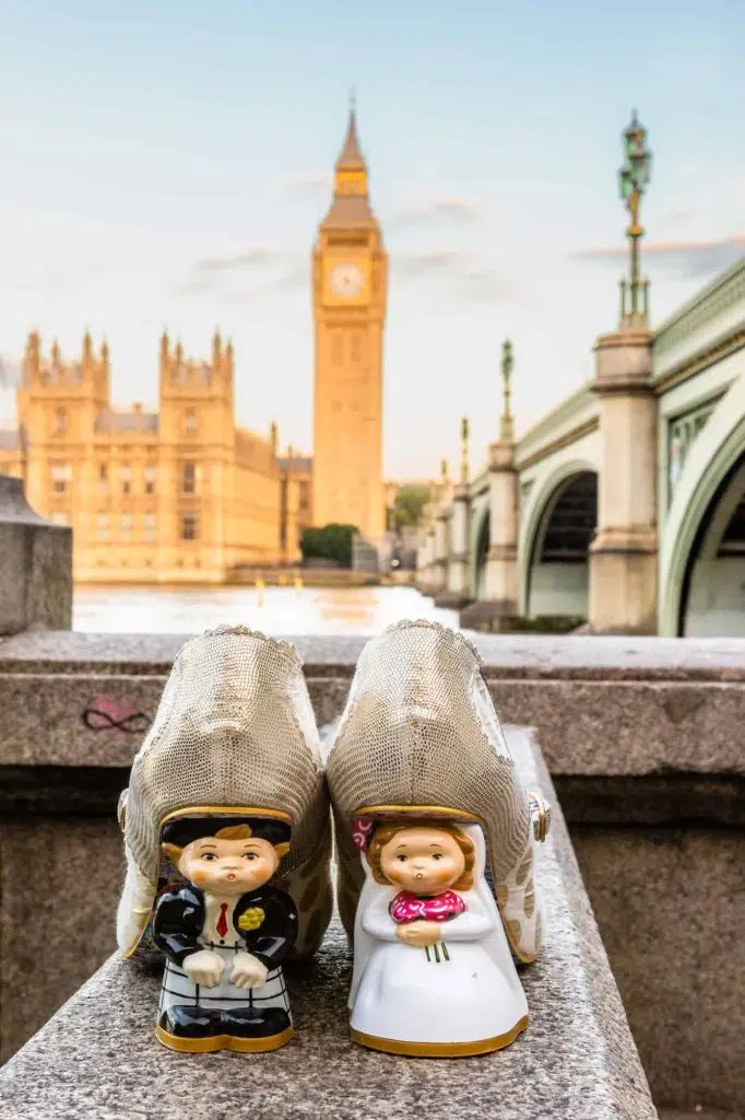 Unique wedding shoes photographed in front of Big Ben in London