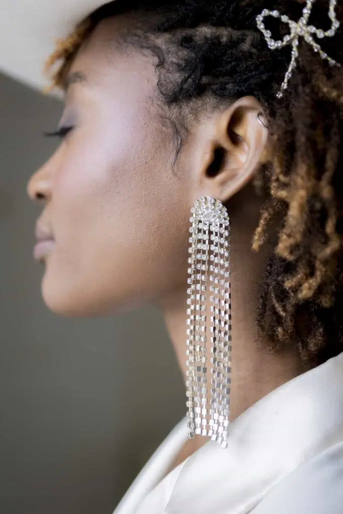 Close up of earrings by Glorious by Heidi at Butley Priory, Suffolk