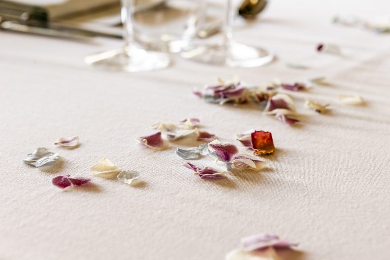 Close up of petals on the table at The Ivy in Tower Bridge.