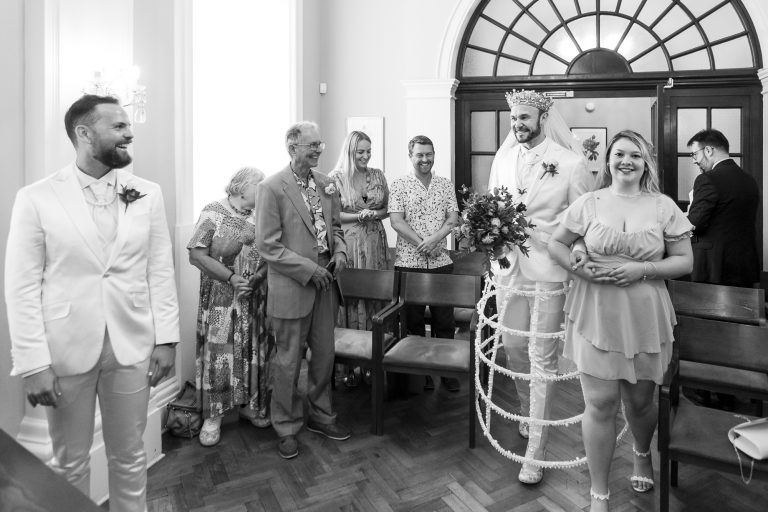 Will entering the ceremony room at Chelsea Old Town Hall.